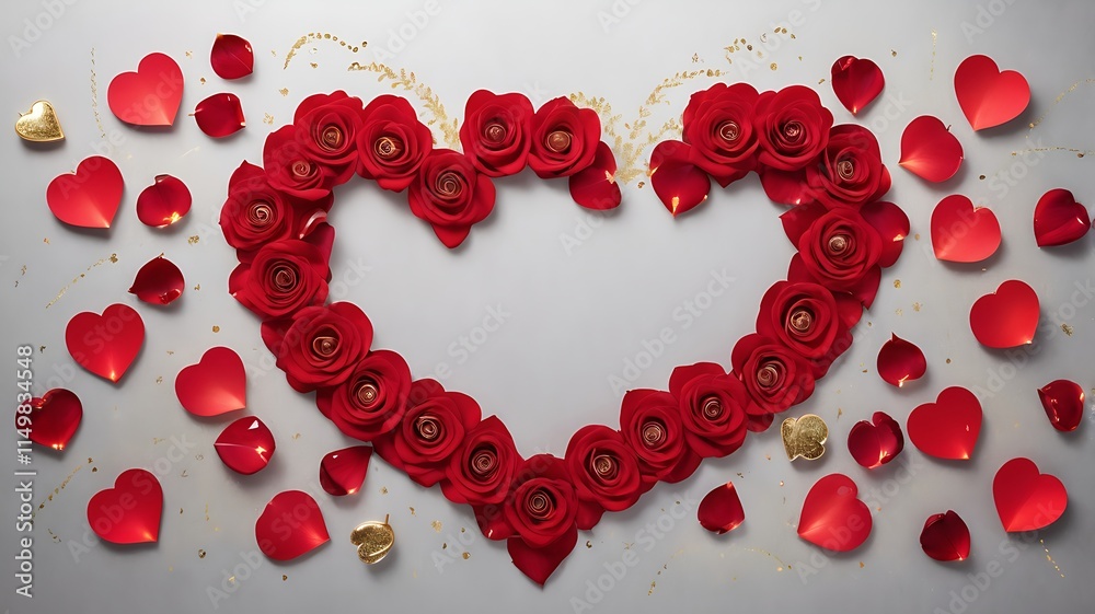 Obraz premium Romantic Heart-Shaped Arrangement of Red Rose Petals and Glittery Heart Decorations