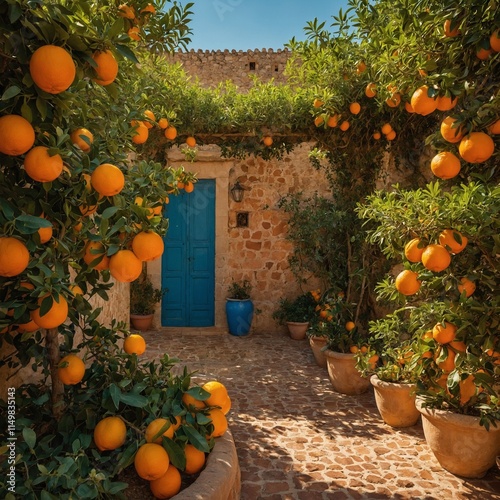 A vibrant, blooming orange garden in Valencia, with rows of lush orange trees heavy with ripe fruit. The sun casts a warm golden light over the scene, creating a peaceful and serene atmosphere. The ga photo