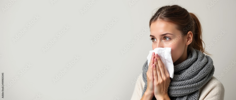 Woman blowing nose into tissue while wearing a warm scarf. Neutral background. Concept of seasonal cold, flu, or allergies. Common cold concept. Copy space. Woman blowing nose into tissue while wearing a warm scarf. Neutral background. Concept of seasonal cold, flu, or allergies. Common cold concept. Copy space.