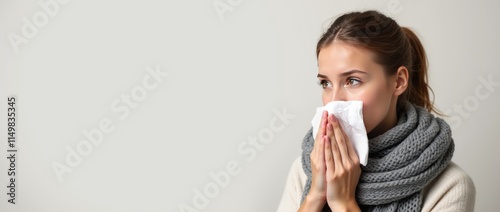 Woman blowing nose into tissue while wearing a warm scarf. Neutral background. Concept of seasonal cold, flu, or allergies. Common cold concept. Copy space.