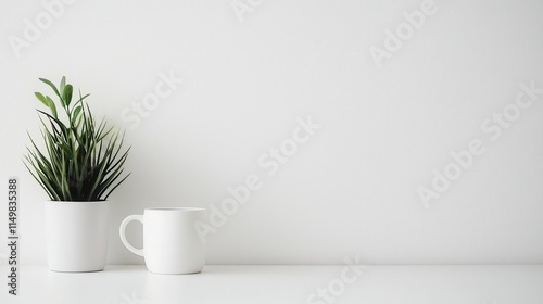 Wallpaper Mural Minimalist Design with Green Plant and White Mug on Clean Surface Torontodigital.ca