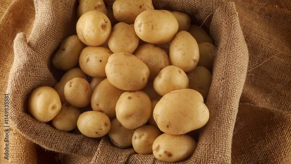 Potatoes wrapped in hessian cloth backdrop close up stock footage Potatoes wrapped in hessian cloth backdrop close up stock footage