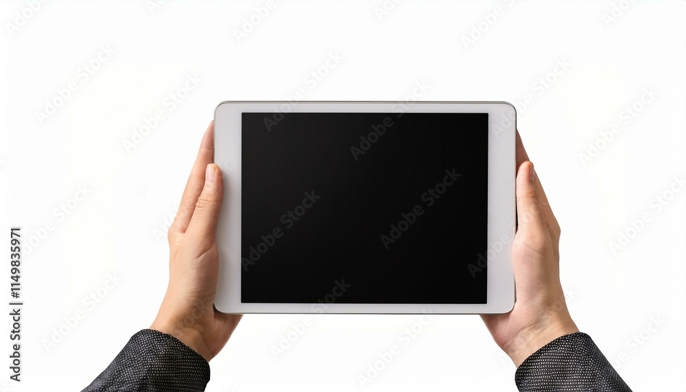 Hand holding tablet isolated - Hands holding black tablet isolated white background Hand holding tablet isolated - Hands holding black tablet isolated white background