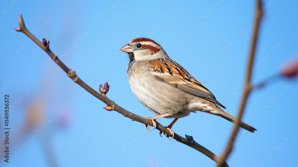 Beautiful Sparrow Perched on a Branch Against Clear Blue Sky Beautiful Sparrow Perched on a Branch Against Clear Blue Sky