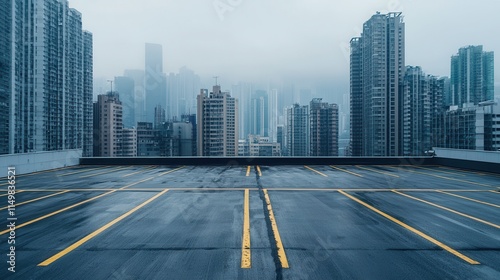Urban Rooftop with Misty Cityscape in the Background