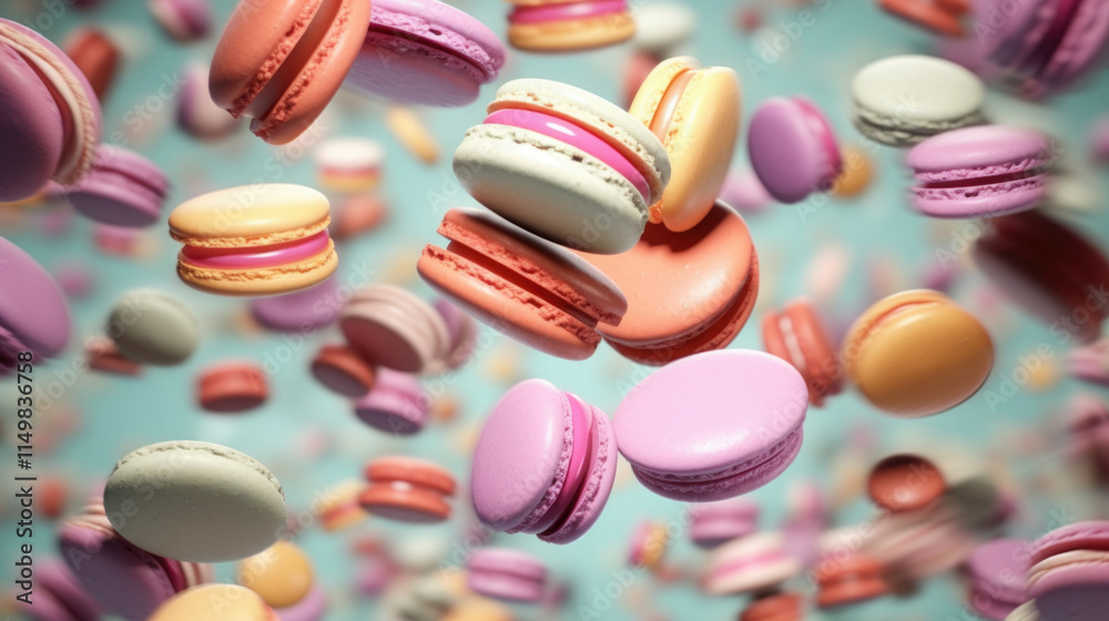Obraz premium macarons floating in mid-air, showcasing their vibrant pastel hues and delicate textures, perfect for dessert, bakery, or confectionery themes