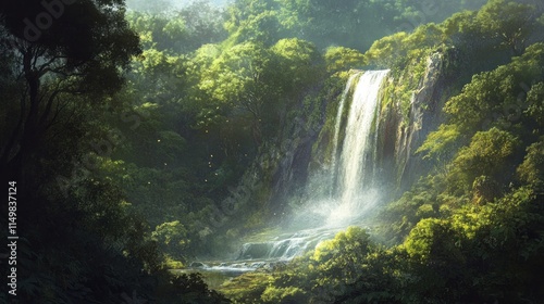 Waterfall Cascading Through Lush Greenery