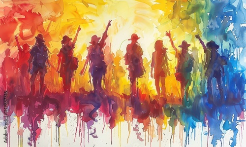 Brightly colored group of diverse friends joyfully posing in artistic backdrop as they capture fun moments together