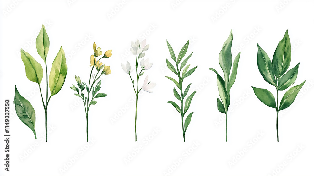 Fototapeta premium An assortment of 18 different fresh herbs, including rosemary, thyme, oregano, dill, basil, and parsley, isolated on a white background. a collection of botanical art and design elements 