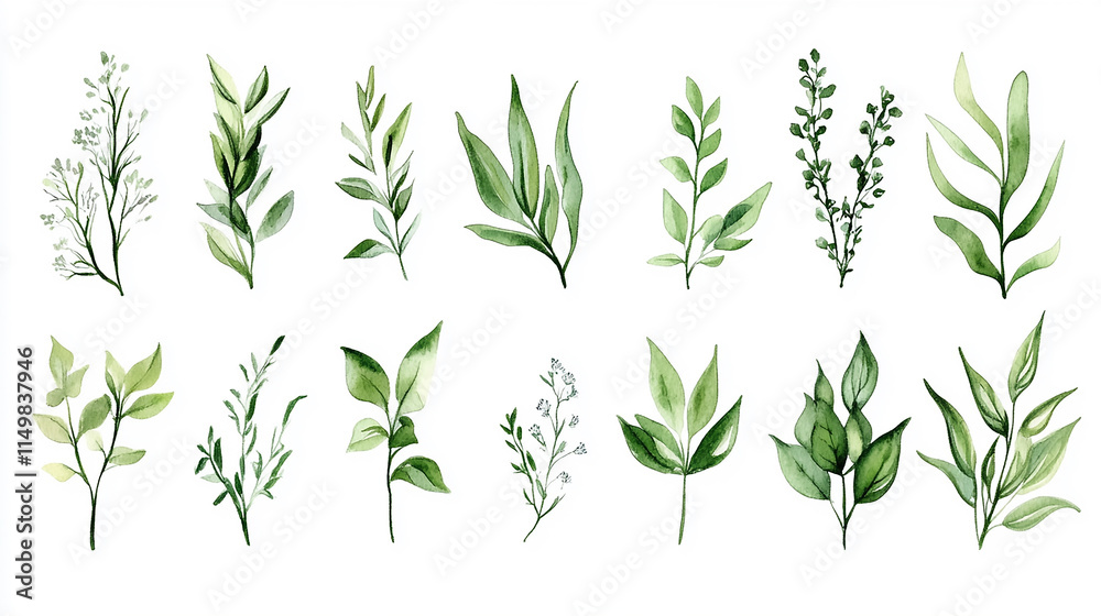 Artistic watercolor collection of foliage plants with intricate detailing, each isolated in a thin frame, against a luminous white background a collection of botanical art and design elements Artistic watercolor collection of foliage plants with intricate detailing, each isolated in a thin frame, against a luminous white background a collection of botanical art and design elements