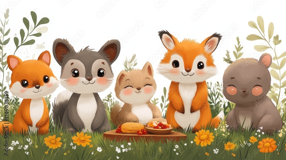 Naklejka premium Adorable woodland animals enjoy a picnic.