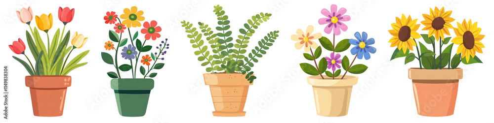 Obraz premium PNG Colorful potted flowers illustration, element set on transparent background