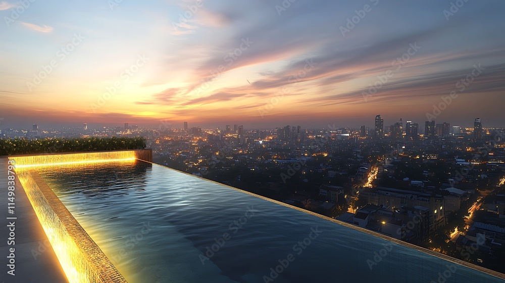 Fototapeta premium Infinity pool at sunset overlooking a city skyline.