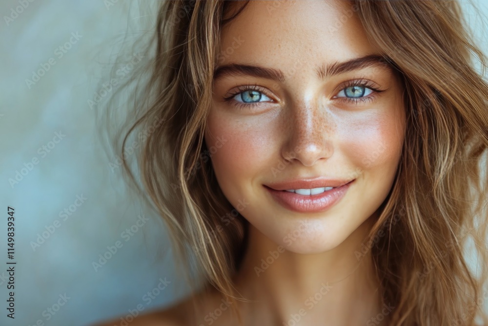 Young woman with blue eyes and wavy hair smiling against a blue background in natural lighting Young woman with blue eyes and wavy hair smiling against a blue background in natural lighting