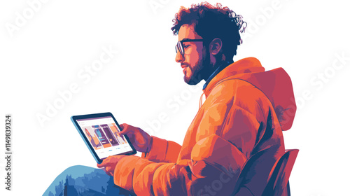 An illustration shows a young man sitting and using a tablet displaying an app interface. He wears an orange puffer jacket and glasses. The style is vibrant and modern, suggesting a digital lifestyle.