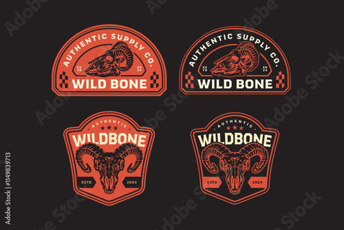 sheep skull with horn western vintage badge logo design. retro bighorn goat skull illustration. set of texas ranch elements. cowboy native american emblem collection. set of wild west for adventure