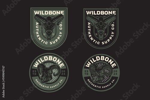goat skull with horn western vintage badge logo design. set of texas ranch elements. retro bighorn sheep skull illustration.  cowboy native american emblem collection. set of wild west for adventure