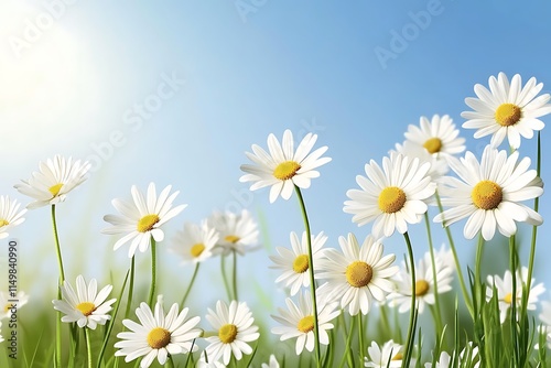 The background features a light blue, purple, and yellow gradient sky with sparkling stars, and a green grassland full of colorful, blooming flowers in the foreground, including pink daisies. photo