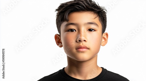 Young boy with a shaved head and a black shirt. He has a serious look on his face