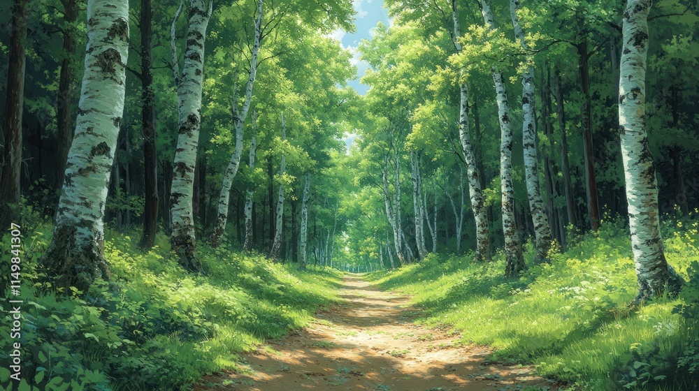 Obraz premium Sunlit path through a birch forest. (1)