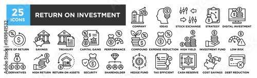 Return on Investment icon collection set. Containing design Company Growth, Investment Ideas, Stock Exchange, Investment Strategy, Digital Investment