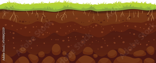 Cartoon illustration of soil layers with grass growing on top, roots visible underground, and stones at the bottom, representing a healthy ecosystem