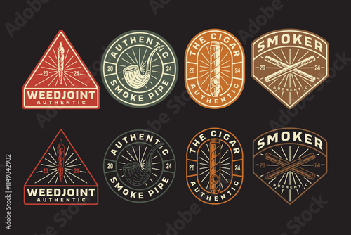 cigarette, smoking cigar, marijuana weed bud joint, smoke pipe retro badge logo design collection for tobacco factory industry and smoker lifestyle company business
