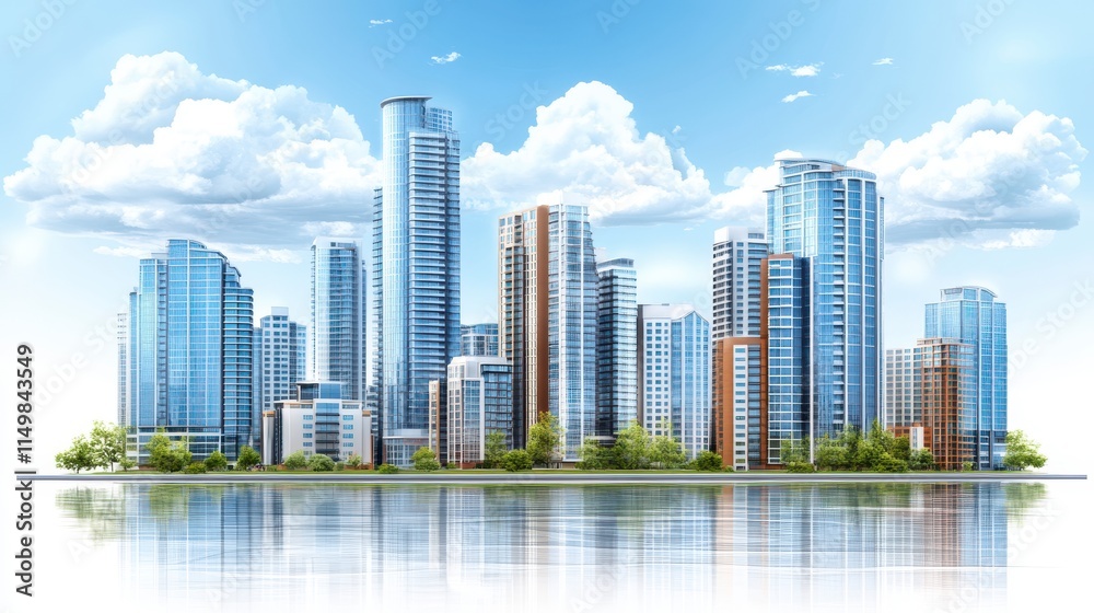 Fototapeta premium Futuristic skyline reflection cityscape skyscrapers clouds water greenery modern architecture serene urban vision