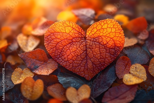 a background filled with autumn leaves arranged in the shape of hearts, with warm sunlight streaming through. leaves in the shape of heart background, autumn love mood concept photo