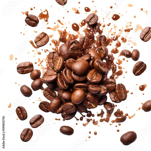 Coffee beans and powder explosion, splash on white background.