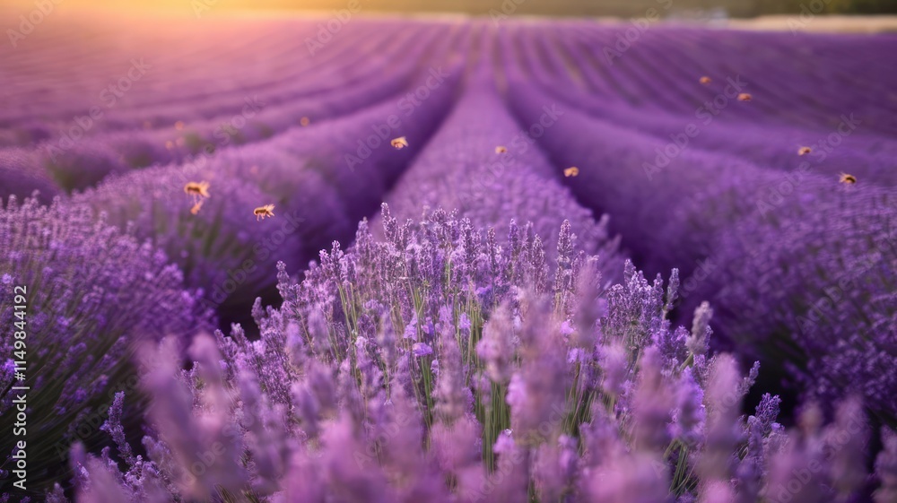 Obraz premium Lavender Fields Bees Sunset Golden Hour
