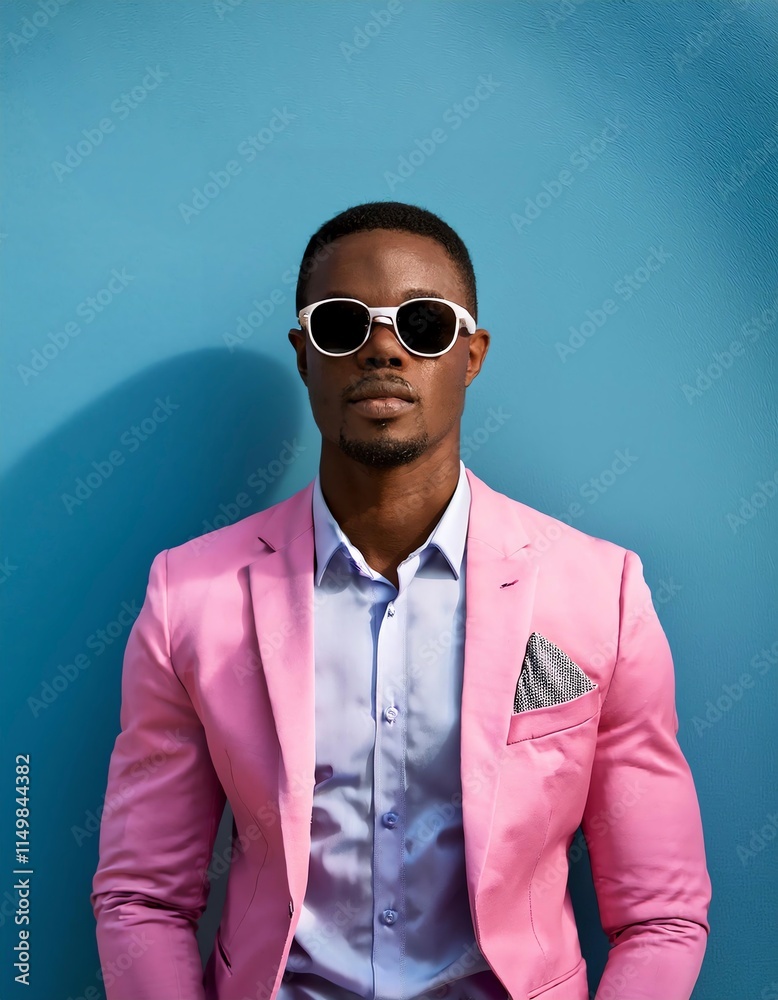 Black Man with sunglasses and pink suit on blue wall