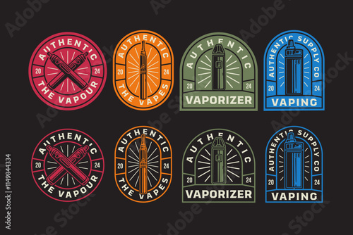 vaping device, vape pen, e cigarette, vapor, atomizer vape retro badge logo design collection for vaping product label, merchandise, decoration