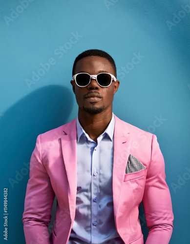 Obraz na płótnie Black Man with sunglasses and pink suit on blue wall w salonie
