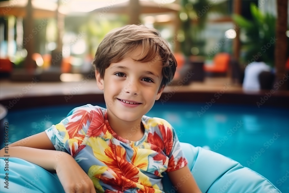 Portrait of a cute little boy sitting on a chair in a swimming pool Portrait of a cute little boy sitting on a chair in a swimming pool