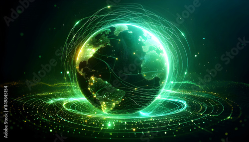 Global Network of the Future - Earth in a Digital Glow. A vibrant, futuristic image of Earth, rendered in glowing green and yellow lights.