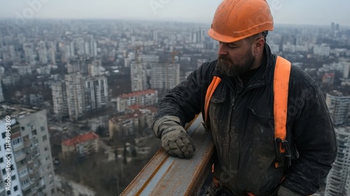 Construction worker in a hard hat stands confidently on a high steel beam, cityscape sprawling beneath. photo