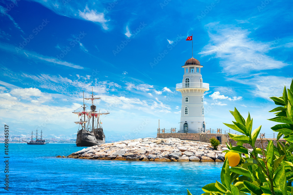 Panoramic view with sailing ships and Alanya lighthouse, Alanya, Turkey