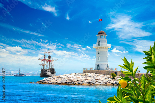Obraz na płótnie Panoramic view with sailing ships and Alanya lighthouse, Alanya, Turkey w salonie