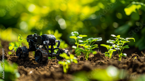 A robot tending crops in lush green fields, showcasing advanced agricultural technology and sustainable farming practices. photo