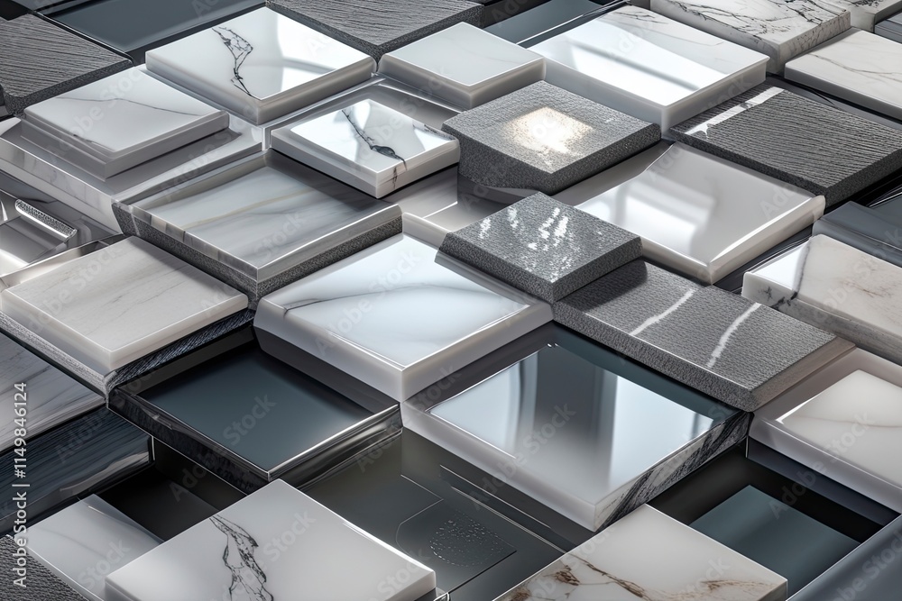 A set of precision-cut ceramic stones arranged in a geometric pattern, polished and reflective surface, marble-inspired texture, vibrant white and grey tones,generative ai A set of precision-cut ceramic stones arranged in a geometric pattern, polished and reflective surface, marble-inspired texture, vibrant white and grey tones,generative ai