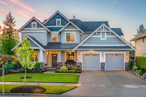 Luxury single family home with landscaped front yard and two car garage at sunset photo