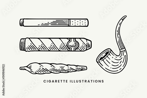 set of cigarette, marijuana weed, smoke pipe line art style vector. engraving of cigarette, marijuana weed, smoke pipe illustration collection. element design of cigarette, marijuana weed, smoke pipe