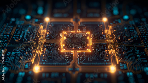 Advanced Computer Chip Circuit Board with Electrical Components, Enabling Data Communication, Generated by Artificial Intelligence