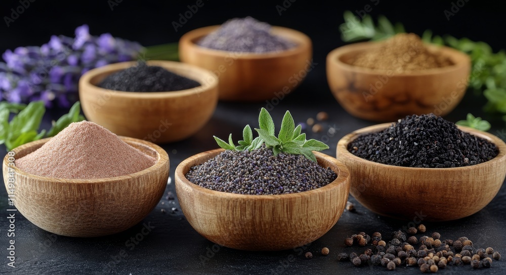 Assorted spices and herbs arranged in wooden bowls on dark background in culinary display Assorted spices and herbs arranged in wooden bowls on dark background in culinary display