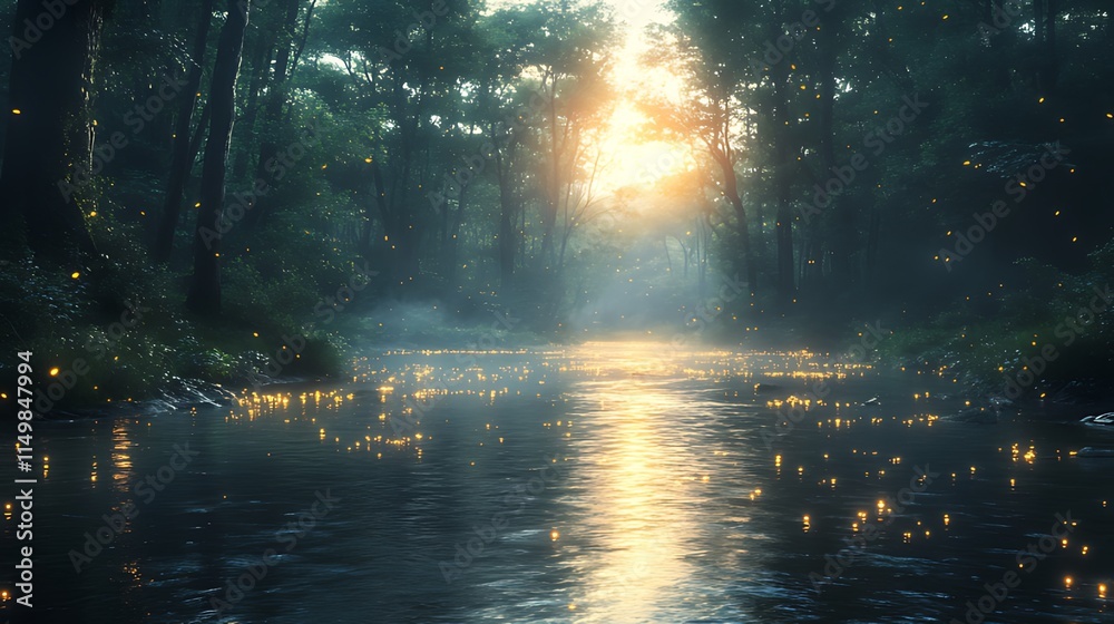 Fototapeta premium Magical sunset over tranquil river in enchanted forest with fireflies.