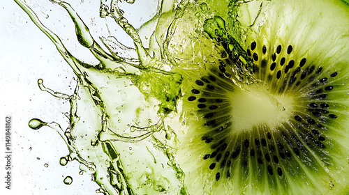 Kiwi Splash: vibrant close-up of a sliced kiwi fruit submerged in a refreshing splash of liquid, capturing the juicy essence and lively texture.   photo