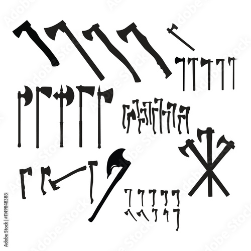 Silhouette of an axe bundle Different types of style axes collection silhouette. 