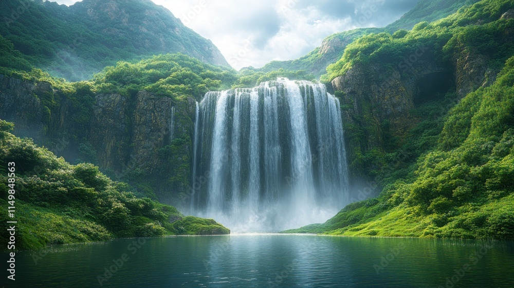 Fototapeta premium Lush green mountains frame serene waterfall.