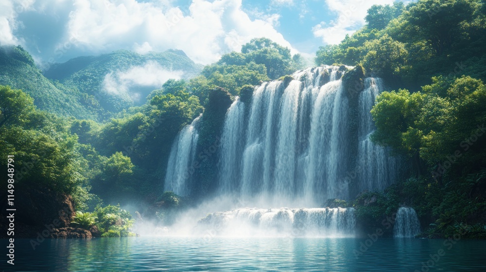 Serene waterfall cascading into tranquil pool, lush jungle.